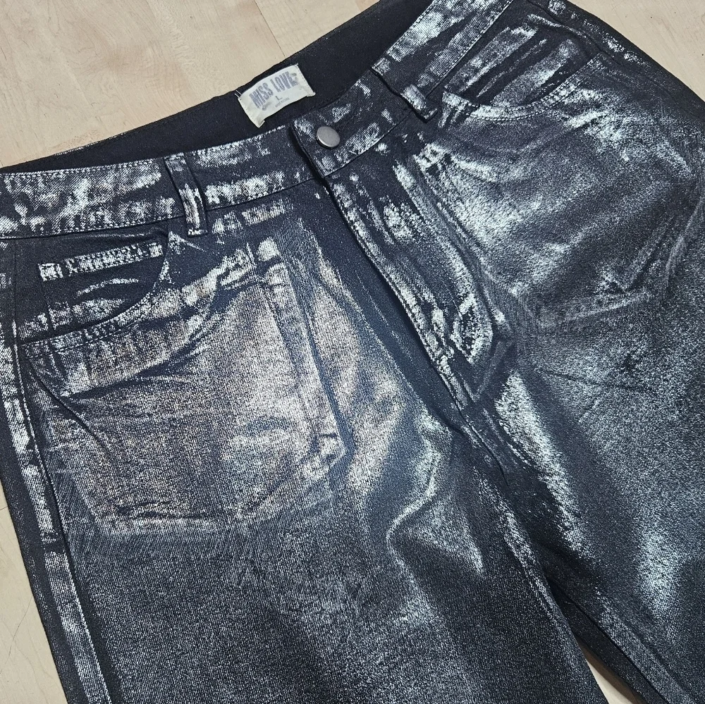 Miss Love The Metallic Jean Denim Wide Leg Pants Black Silver size Large